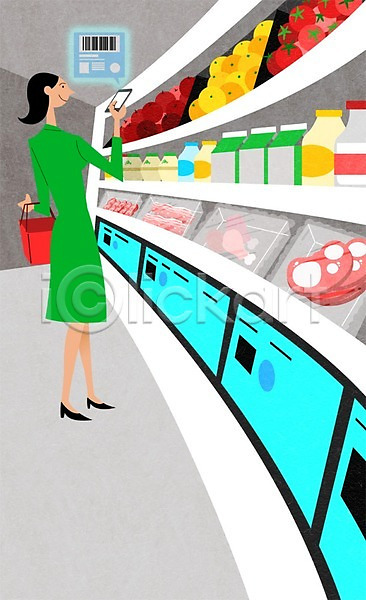 스마트 성인 여자 한명 PSD 일러스트 과일 바코드 생고기 스마트기기 스마트폰 식료품점 실내 유제품 장보기