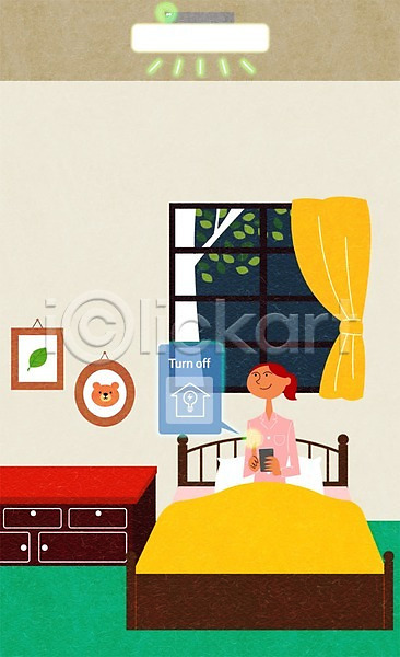 스마트 성인 여자 한명 PSD 일러스트 서랍장 스마트기기 스마트폰 실내 액자 전등 창문 침대 커튼