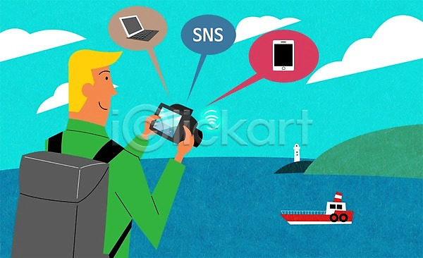 스마트 남자 성인 PSD 일러스트 구름(자연) 노트북 등대 바다 배 배낭 소셜네트워크 스마트기기 스마트폰 야외 여행 주간 카메라
