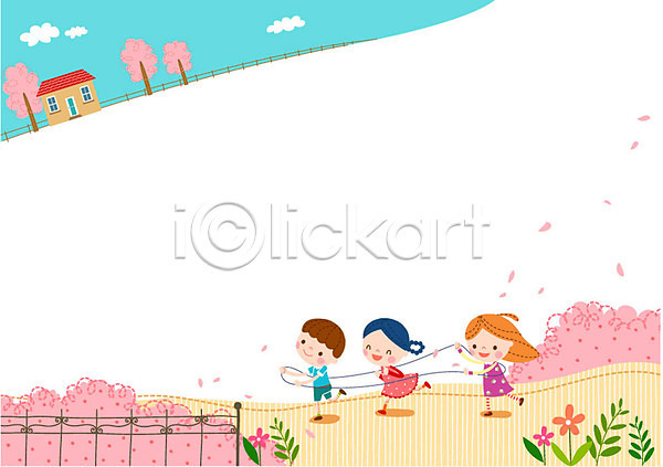 남자 세명 어린이 여자 AI(파일형식) 일러스트 프레임일러스트 교육 구름(자연) 기차놀이 꽃 나무 울타리 주택 풀잎