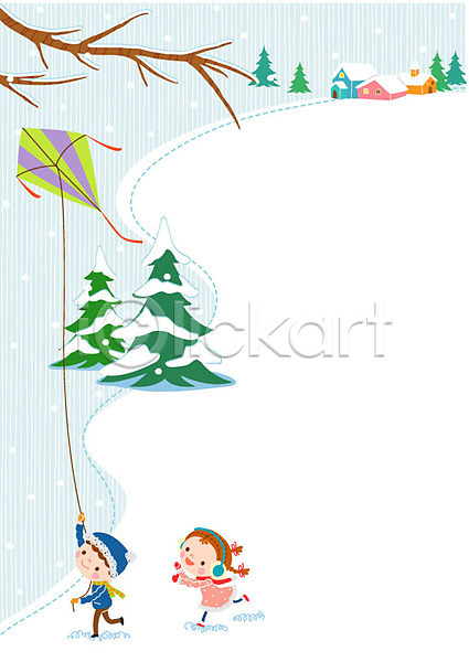남자 두명 어린이 여자 AI(파일형식) 일러스트 프레임일러스트 겨울 교육 귀마개 나무 눈 연 연날리기 주택 털모자