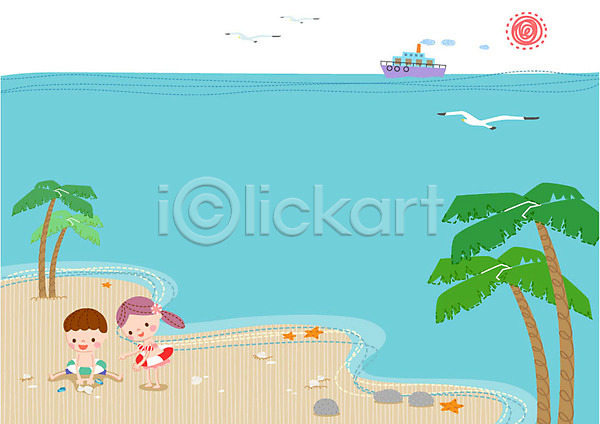 남자 두명 어린이 여자 AI(파일형식) 일러스트 프레임일러스트 갈매기 교육 모래사장 바다 배 불가사리 야자수 여름(계절) 조개 태양 튜브 해변