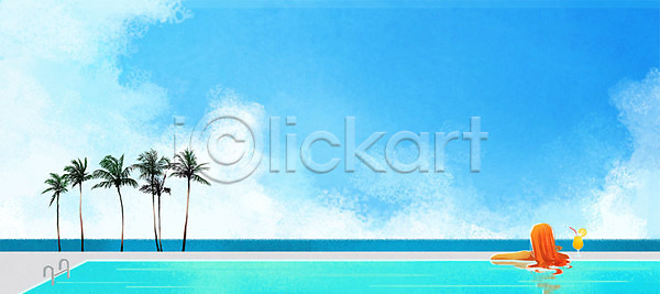 성인 여자 한명 PSD 뒷모습 일러스트 구름(자연) 모래사장 바다 백그라운드 수영장 야자수 여름(계절) 자연 칵테일 파라다이스 하늘 해변 휴가 휴양지