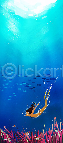 성인 여자 한명 PSD 일러스트 바다 바닷속 백그라운드 비키니 산호초 여름(계절) 열대어 자연 잠수 트로피컬아트 파라다이스 휴가 휴양지