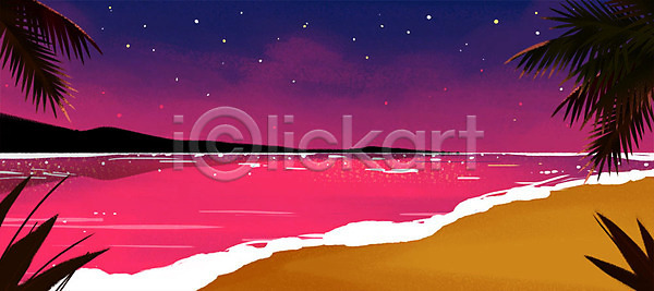 사람없음 PSD 일러스트 모래사장 바다 밤하늘 백그라운드 별 야간 야자수잎 여름(계절) 자연 파라다이스 해변 휴가 휴양지