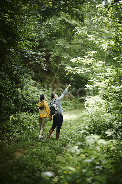 30대 남자 두명 성인 여자 한국인 JPG 뒷모습 포토 가리킴 가평 나무 등산 배낭 손잡기 숲 숲속 야외 자연 전신 주간 커플 커플라이프