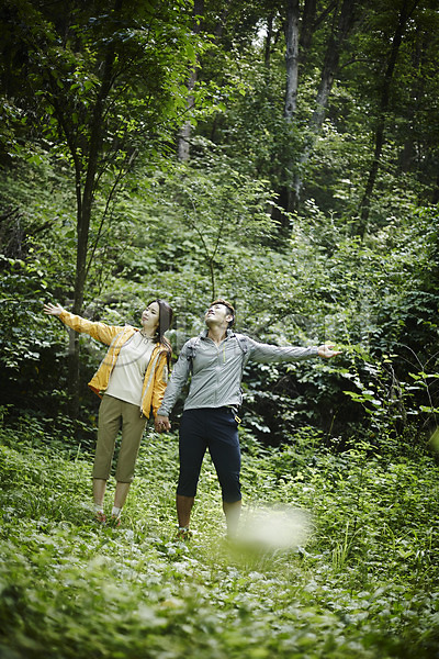 30대 남자 두명 성인 여자 한국인 JPG 앞모습 포토 가평 나무 등산 손잡기 숲 숲속 야외 자연 전신 주간 커플 커플라이프 팔벌리기 힐링