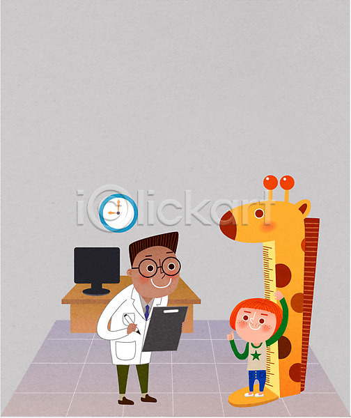 남자 두명 성인 어린이 여자 AI(파일형식) 일러스트 건강검진 모니터 병원 서류판 시계 신체검사 의사 진료 책상 키재기 환자
