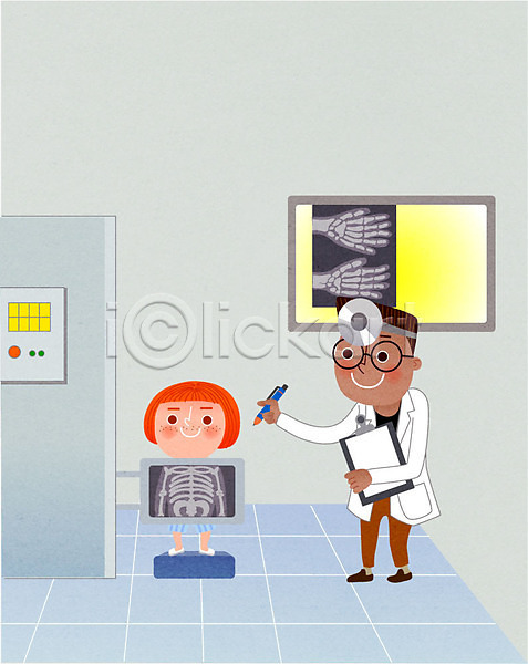 남자 두명 성인 어린이 여자 AI(파일형식) 일러스트 건강검진 병원 볼펜 서류판 신체검사 엑스레이 의사 진료 환자