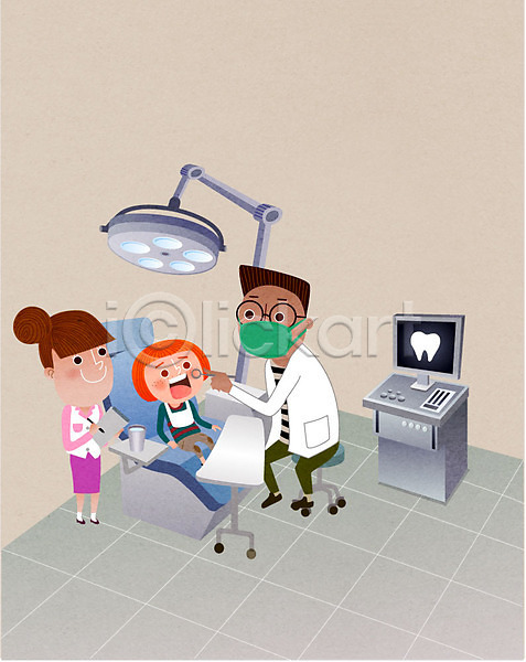 남자 성인 세명 어린이 여자 AI(파일형식) 일러스트 간호사 건강검진 마스크 병원 신체검사 의사 진료 치과 치과용품 치과의사 치과진료 치아 환자