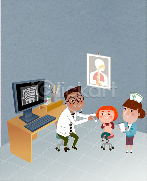 남자 성인 세명 어린이 여자 AI(파일형식) 일러스트 간호사 간호사모자 건강검진 병원 신체검사 엑스레이 의사 진료 책상 청진기 컴퓨터 환자