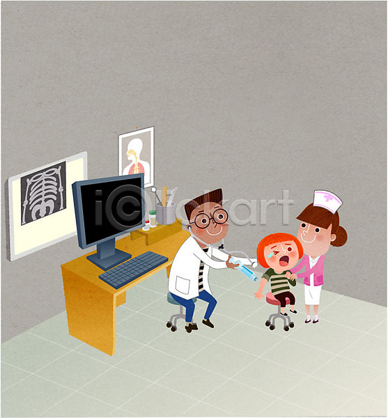 남자 성인 세명 어린이 여자 AI(파일형식) 일러스트 간호사 간호사모자 건강검진 병원 신체검사 엑스레이 의사 주사기 진료 책상 청진기 컴퓨터 환자