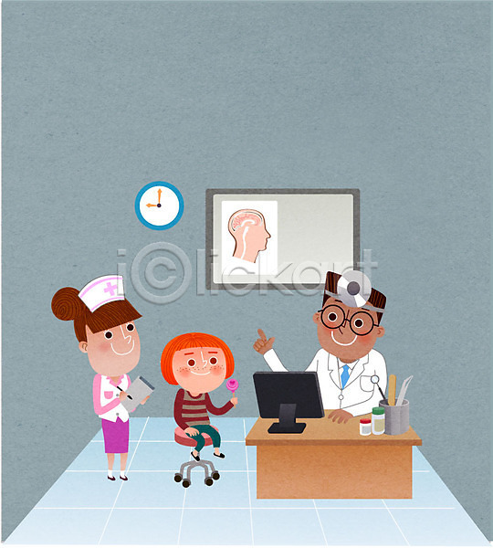 남자 성인 세명 어린이 여자 AI(파일형식) 일러스트 간호사 간호사모자 건강검진 막대사탕 병원 서류판 시계 신체검사 의사 진료 책상 컴퓨터 환자