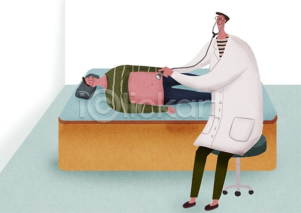남자 두명 성인 어린이 PSD 일러스트 건강검진 눕기 베개 병원 신체검사 의사 의자 진료 청진기 침대 환자
