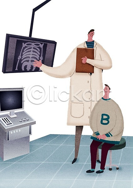 남자 두명 성인 어린이 PSD 일러스트 건강검진 병원 서류판 신체검사 엑스레이 의사 의자 진료 환자