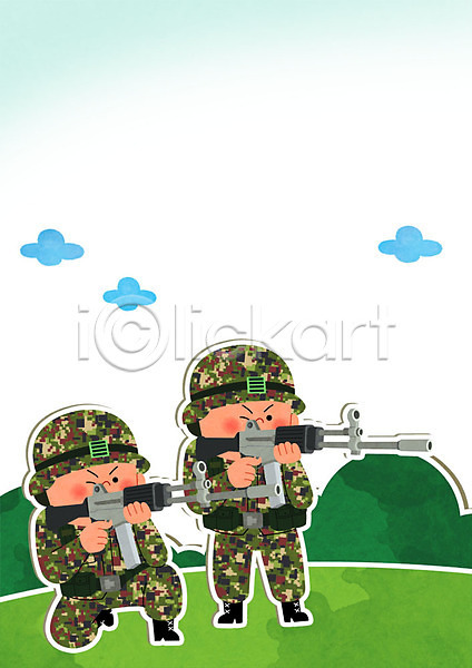남자 두명 성인 PSD 일러스트 구름(자연) 군모 군복 군용 군인 군인캐릭터 사격 소총 연습 육군 조준