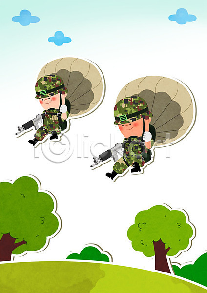 남자 두명 성인 PSD 일러스트 구름(자연) 군모 군복 군용 군인 군인캐릭터 나무 낙하산 총 특공대