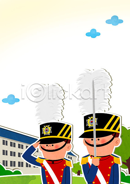남자 두명 성인 PSD 일러스트 구름(자연) 군모 군복 군용 군인 군인캐릭터 나무 육군 칼 학교