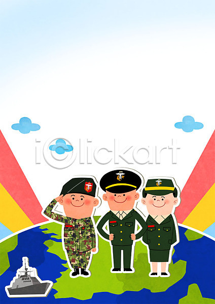 남자 성인 세명 여자 PSD 일러스트 경례 구름(자연) 군모 군복 군용 군인 군인캐릭터 전투복 전투함 해병대
