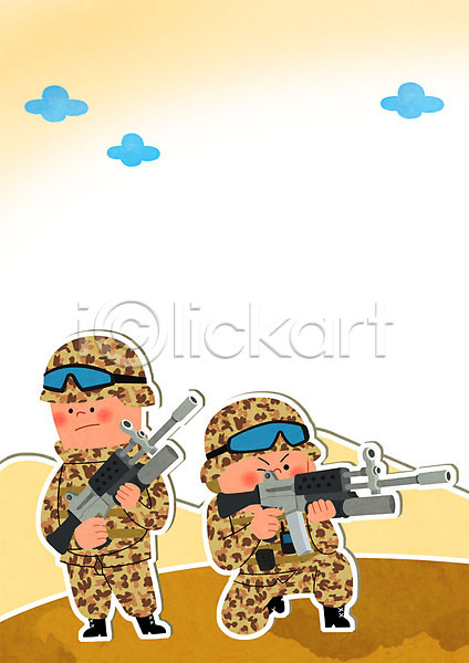 남자 두명 성인 PSD 일러스트 구름(자연) 군모 군복 군용 군인 군인캐릭터 사격 사막 조준 총 파견 파병군인