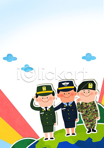 남자 성인 세명 여자 PSD 일러스트 경례 구름(자연) 군모 군복 군용 군인 군인캐릭터 부사관 지구