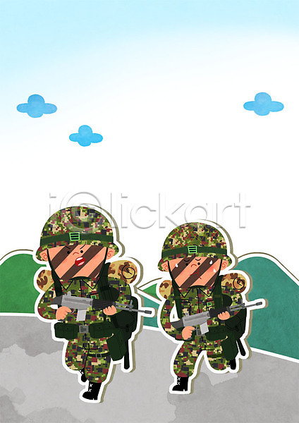 남자 두명 성인 PSD 일러스트 구름(자연) 군모 군복 군용 군인 군인캐릭터 변장 산 연습 육군 총