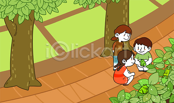 남자 세명 어린이 여자 PSD 일러스트 개구리 고향 나무 논 시골 자연학습 주간 풀잎