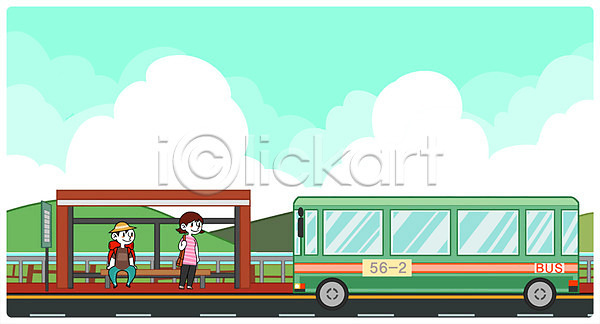 남자 두명 성인 여자 PSD 일러스트 고향 구름(자연) 버스 버스정류장 시골 야외 주간