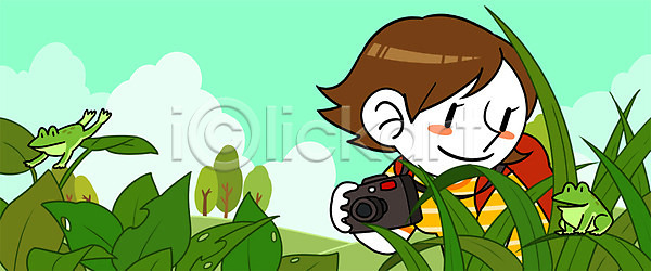 성인 여자 한명 PSD 일러스트 개구리 고향 나무 시골 야외 주간 카메라 풀잎