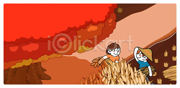 남자 두명 성인 여자 PSD 일러스트 가을(계절) 고향 나무 농부 벼 시골 주간 추수
