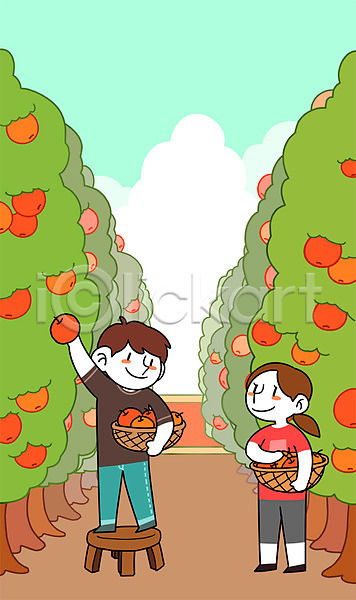 남자 두명 성인 여자 PSD 일러스트 고향 과수원 바구니 사과 사과나무 시골 야외 주간