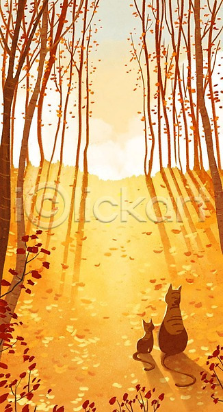 감성 사람없음 PSD 뒷모습 일러스트 가을(계절) 가을배경 고양이 나무 낙엽 노을 백그라운드 일몰 자연 풍경(경치)