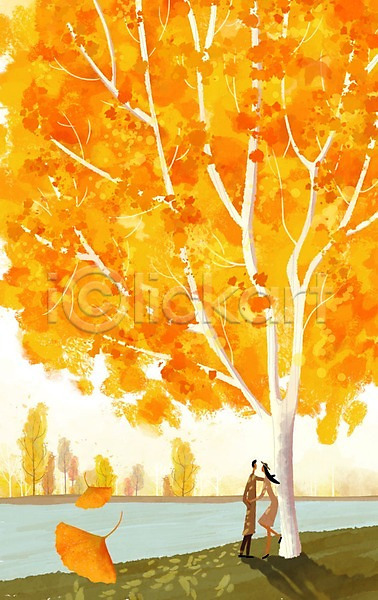 감성 남자 두명 성인 여자 PSD 일러스트 가을(계절) 가을배경 강 나무 낙엽 노을 백그라운드 은행잎 일몰 자연 커플 풍경(경치)