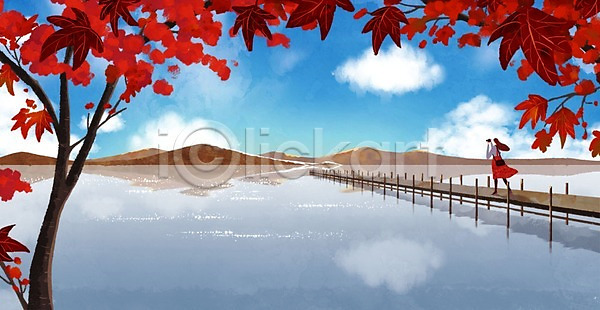감성 성인 여자 한명 PSD 일러스트 가을(계절) 가을배경 구름(자연) 길 낙엽 단풍나무 백그라운드 산 자연 풍경(경치) 호수