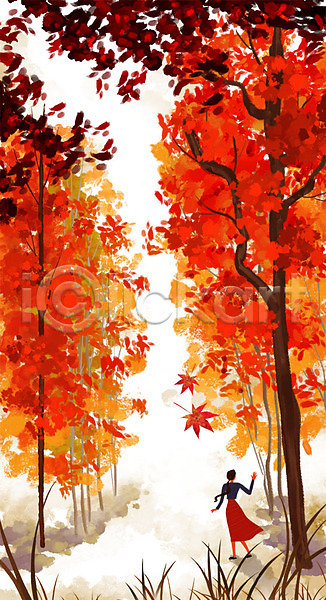 감성 성인 여자 한명 PSD 일러스트 가을(계절) 가을배경 나무 낙엽 단풍 단풍나무 백그라운드 숲 자연 풍경(경치)