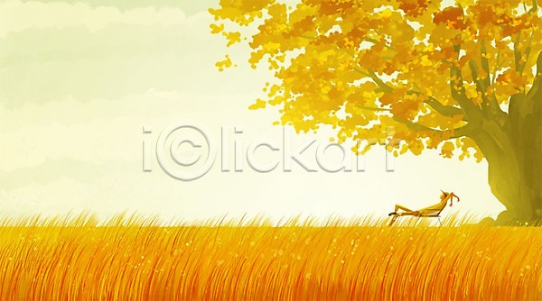 감성 휴식 남자 성인 한명 PSD 일러스트 가을(계절) 가을배경 나무 낙엽 노을 백그라운드 일몰 자연 초원(자연) 풍경(경치)