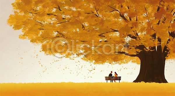 감성 남자 두명 성인 여자 PSD 일러스트 가을(계절) 가을배경 나무 낙엽 노을 데이트 백그라운드 벤치 일몰 자연 풍경(경치)