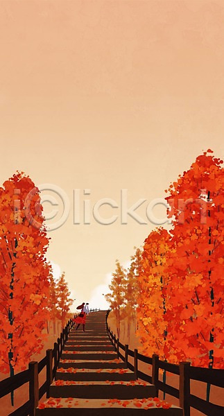 감성 성인 여자 한명 PSD 일러스트 가을(계절) 가을배경 계단 낙엽 노을 백그라운드 산책로 울타리 일몰 자연 풍경(경치)