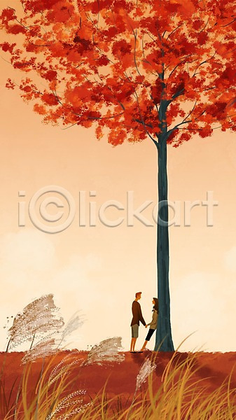 감성 남자 두명 성인 여자 PSD 일러스트 가을(계절) 가을배경 갈대(식물) 기댐 나무 낙엽 노을 데이트 백그라운드 손잡기 일몰 자연 커플 풍경(경치)