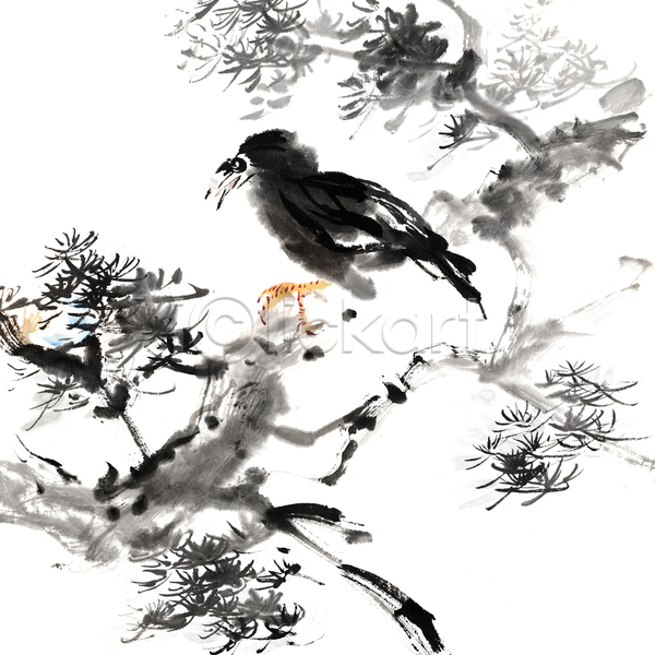 사람없음 JPG 포토 해외이미지 그림 나무 동양화 먹 미술 번짐 붓터치 조류 한마리 해외202004
