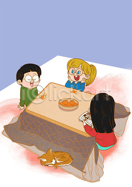 남자 성인 세명 여자 PSD 일러스트 고양이 귤 만화책 실내 일본 일본여행 캐릭터 코타츠