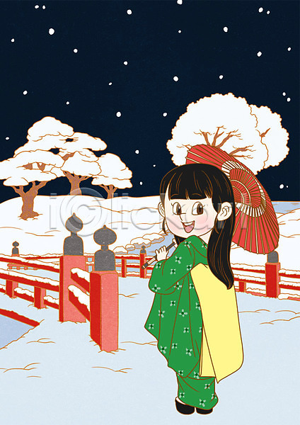 산책 성인 여자 한명 PSD 일러스트 겨울 기모노 나무 눈 야간 야외 양산 일본 일본여행 정원 캐릭터