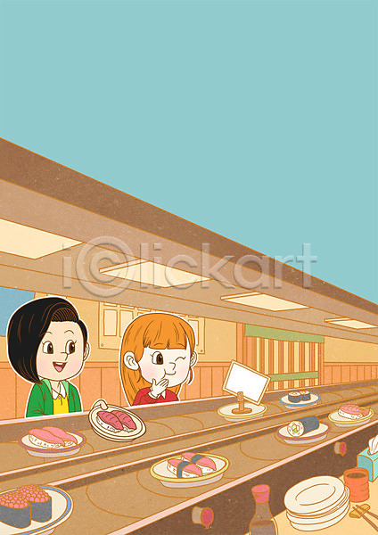 두명 성인 여자 PSD 일러스트 실내 일본 일본여행 일본음식 일식집 접시 초밥 캐릭터 회전초밥