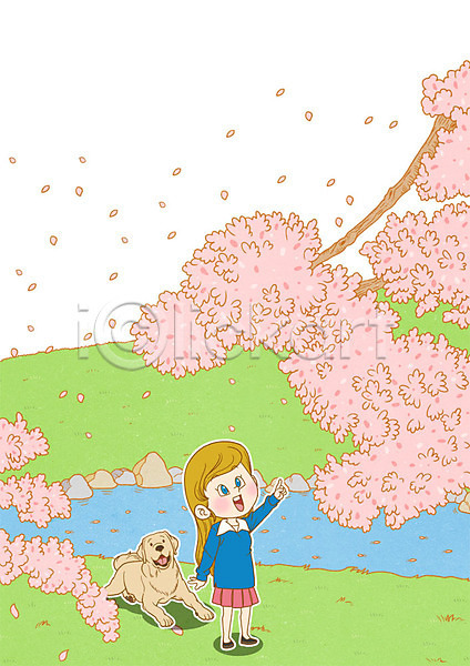 성인 여자 한명 PSD 일러스트 강아지 벚꽃 봄 야외 일본 일본여행 캐릭터