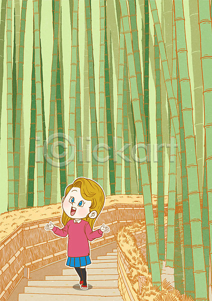 산책 성인 여자 한명 PSD 일러스트 대나무 대나무밭 대나무숲 일본 일본여행 캐릭터