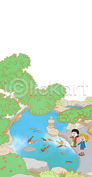 두명 성인 여자 PSD 일러스트 나무 연못 일본 일본여행 잉어 정원 캐릭터