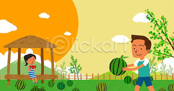 남자 두명 어린이 여자 PSD 일러스트 구름(자연) 나무 방학 수박 수박밭 여름(계절) 여름방학 여름음식 오두막 제철과일 제철음식 태양