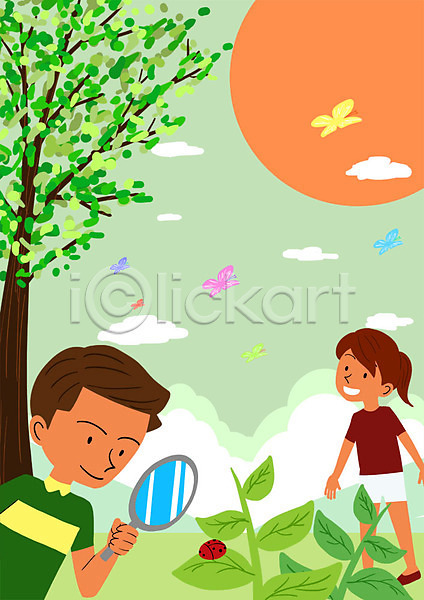 남자 두명 어린이 여자 PSD 일러스트 관찰 관찰학습 나무 나비 돋보기 방학 여름(계절) 여름방학 태양