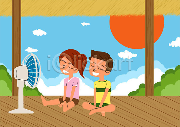휴식 남자 두명 어린이 여자 PSD 일러스트 구름(자연) 방학 선풍기 야외 여름(계절) 여름방학 원두막 주간 태양