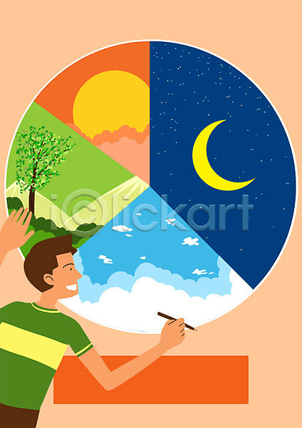 남자 성인 한명 PSD 일러스트 구름(자연) 나무 달 방학 생활계획표 여름(계절) 여름방학 태양